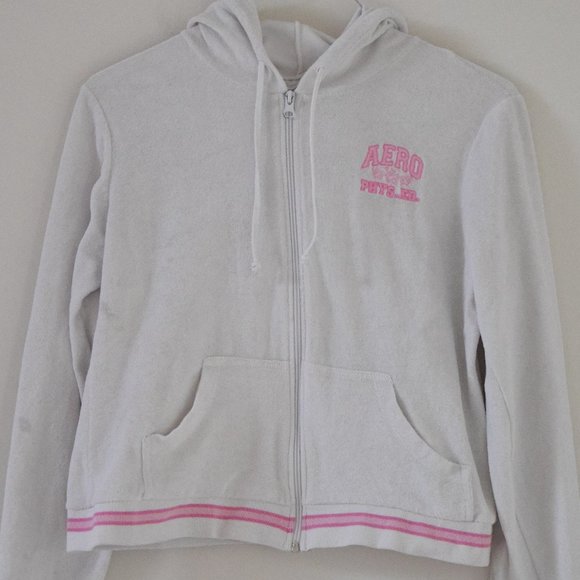 AEROPOSTALE White Terrycloth Zip Up Hooded Sweater | Size M - Picture 4 of 7